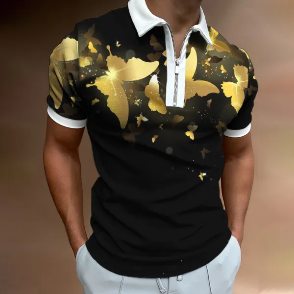 Short-sleeved polo shirt with golden butterfly print - Stormnewstudio.com 