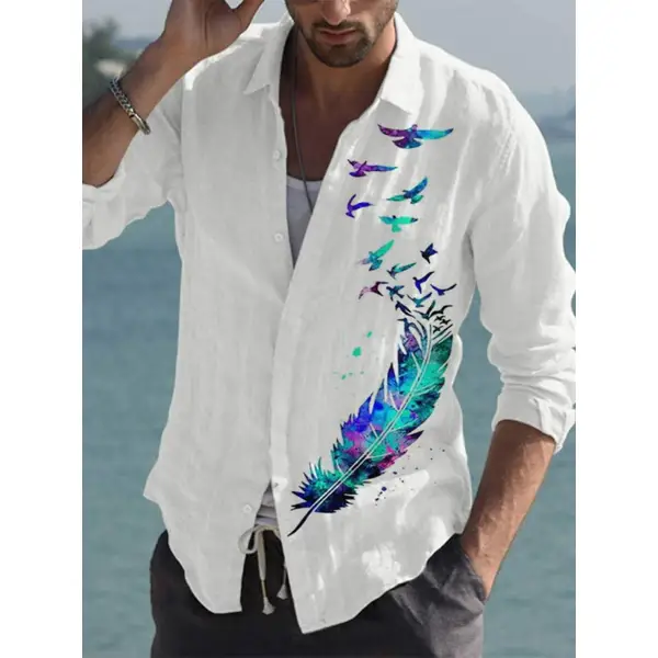 Mens linen casual printed loose shirt - Stormnewstudio.com 
