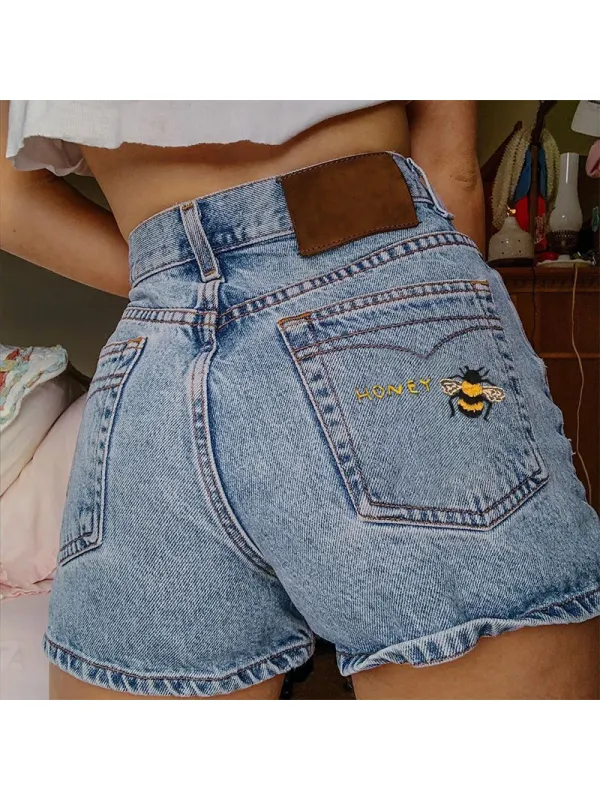 Casual Bee Embroidered Denim Shorts - Cominbuy.com 