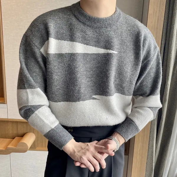 Round neck contrast long-sleeved knitted sweater - Stormnewstudio.com 