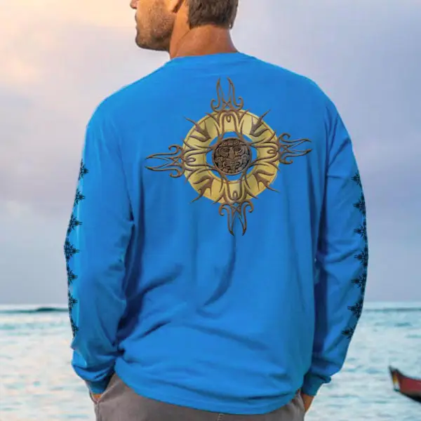 Camiseta De Manga Comprida Medalhão De Sol Azul Havaiano Clássico Com Gola Redonda - Paleonice.com 