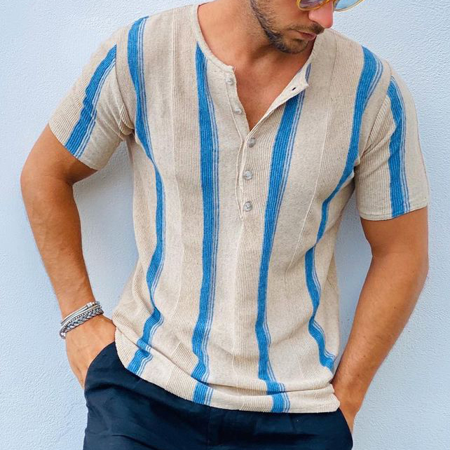 Striped Collarless Short Sleeve Polo Shirt