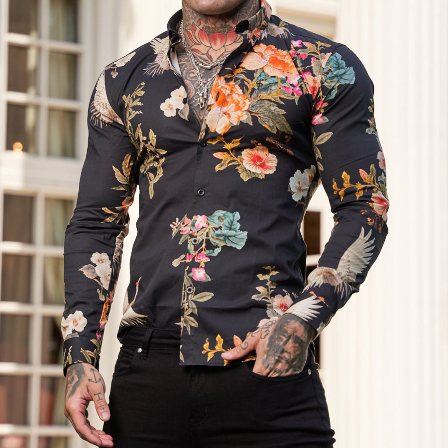 

Ultra-thin Stretch Black Crane Printed Long-sleeved Shirt