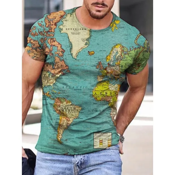 Mens Fashion Contrast Color Map Print T-shirt - Villagenice.com 