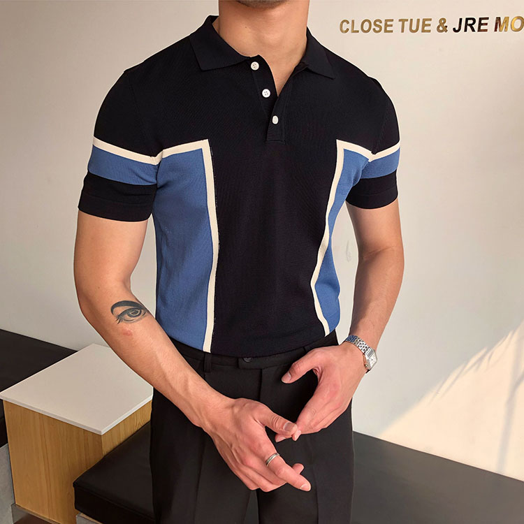 Gentleman Summer Color Matching Knitted Polo Shirt