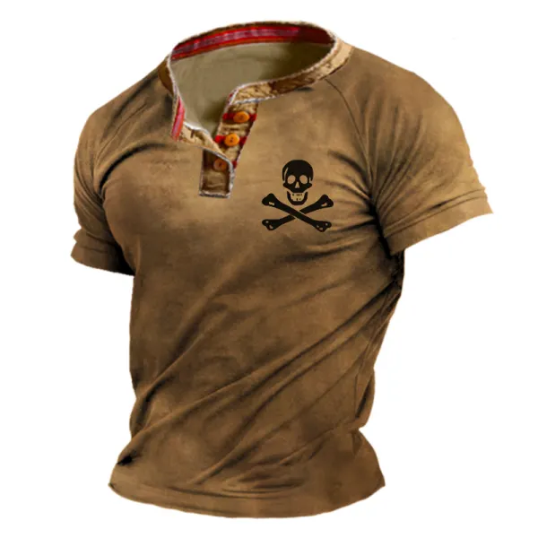 Men's Outdoor Tactical Skull Print Henley Shirt - Nikiluwa.com 