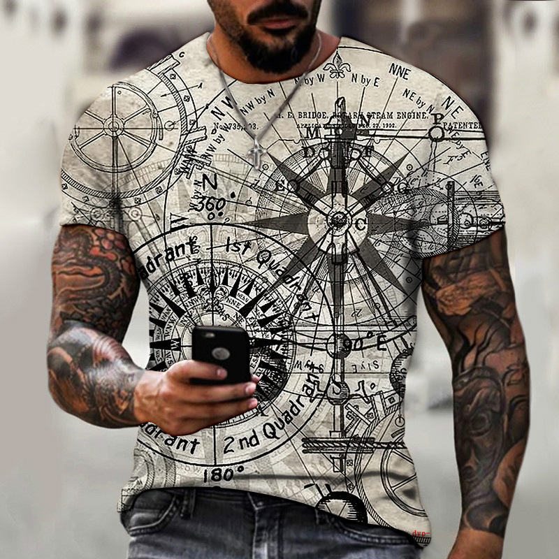 Men's Vintage Compass Compass Print Chic T-shirt