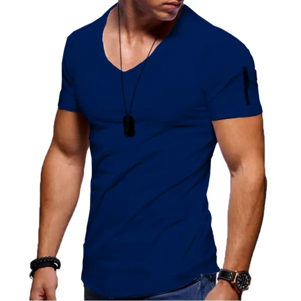 Men's V-Neck Stretch Solid Short Sleeve Casual T-Shirt - Menilyshop.com 