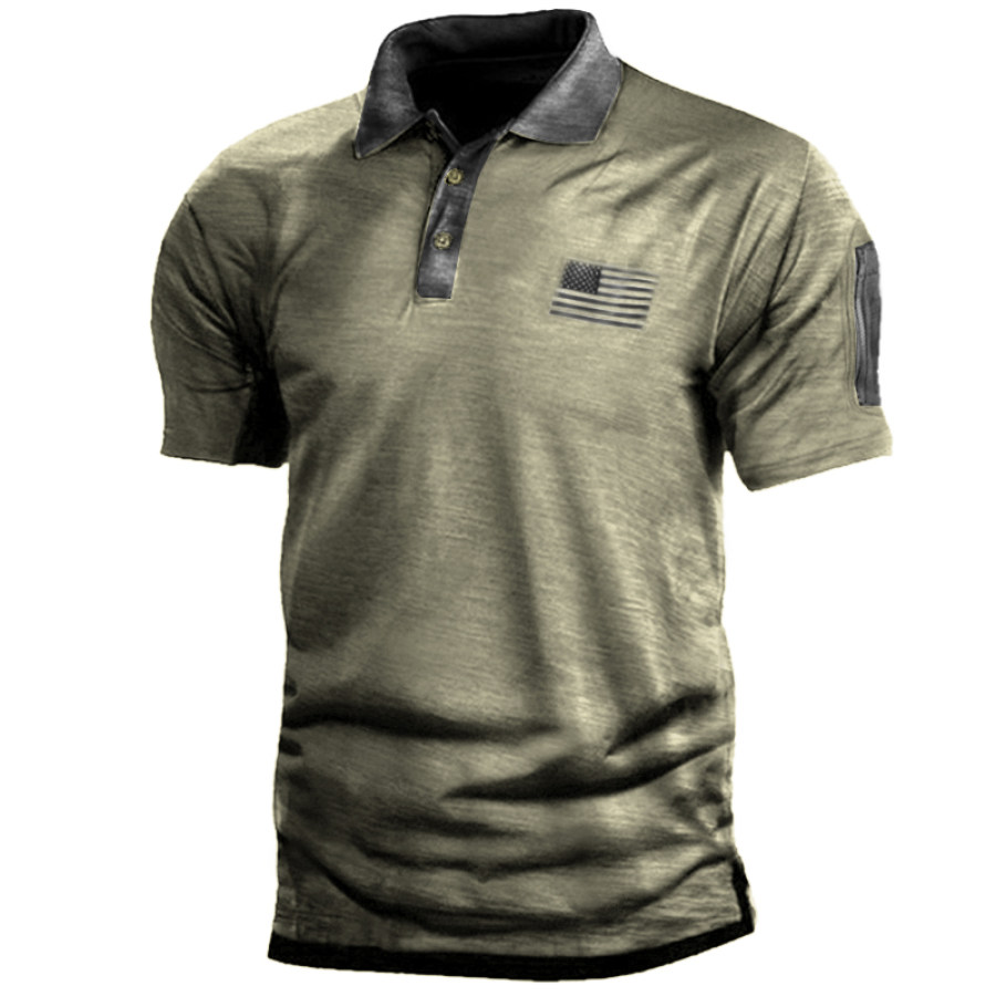 

Men's Outdoor Zip American Flag Print Tactical Polo Neck Sports T-Shirt