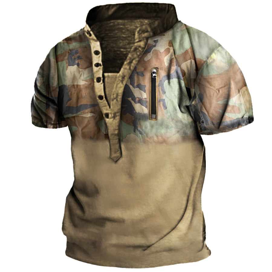 

Vintage Camouflage Print Men's Outdoor Zip Retro Print Tactical Henley T-Shirt