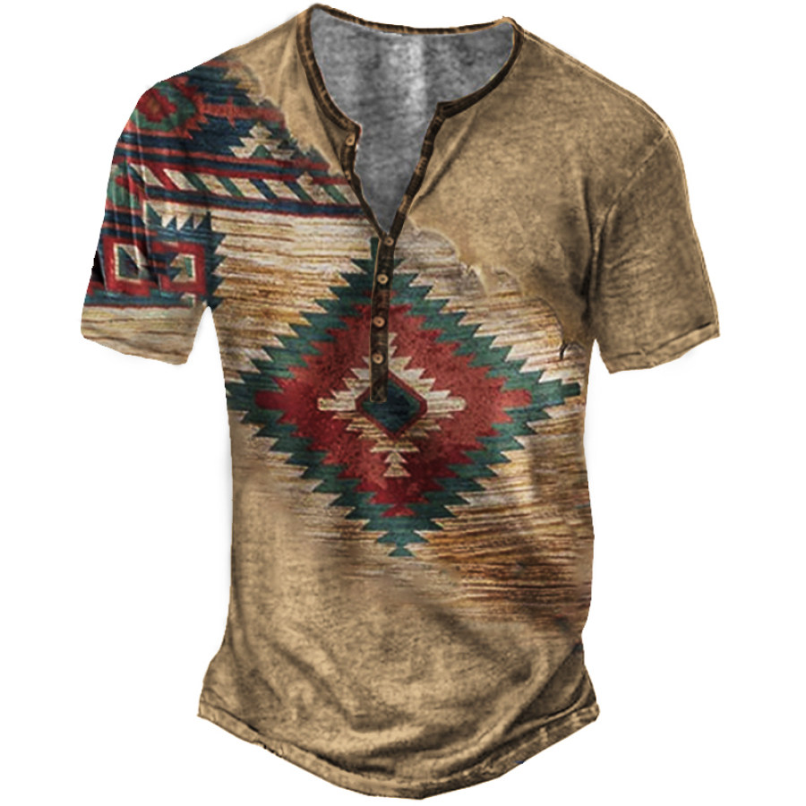 

Western Ethnic Vintage Print Men's Outdoor Henley Collar Short Sleeve T-Shirt