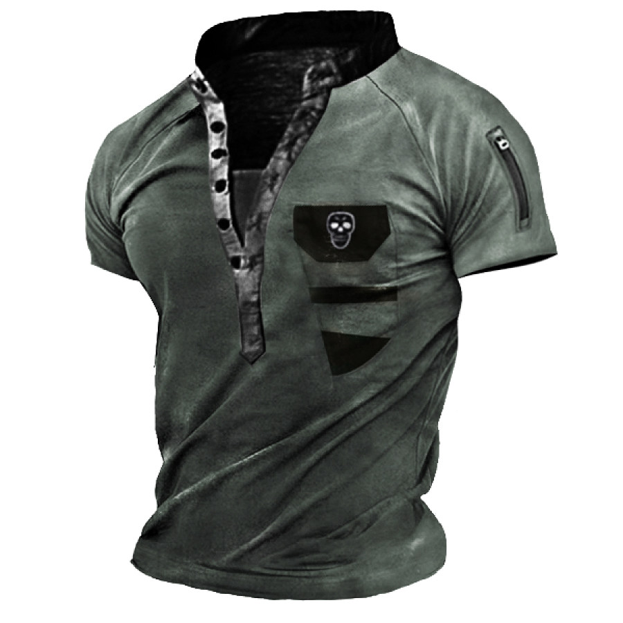 Men's Zip Vintage Skull Pocket Print Tactical Heney Short Sleeve T-Shirt