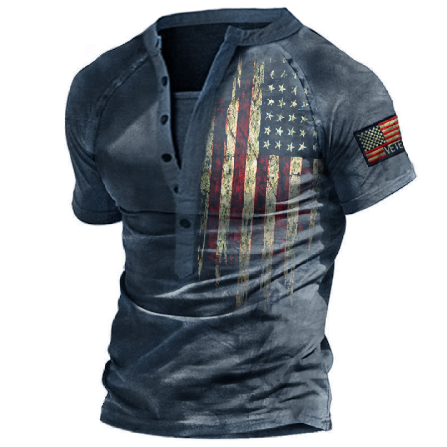 

Men's Outdoor American Flag Print Casual Henley T-Shirt