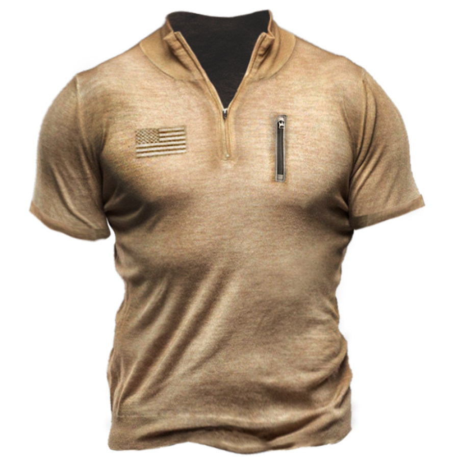 

American Flag Men's Outdoor Zip Half Zip PoLo Neck Sport Short Sleeve T-Shirt