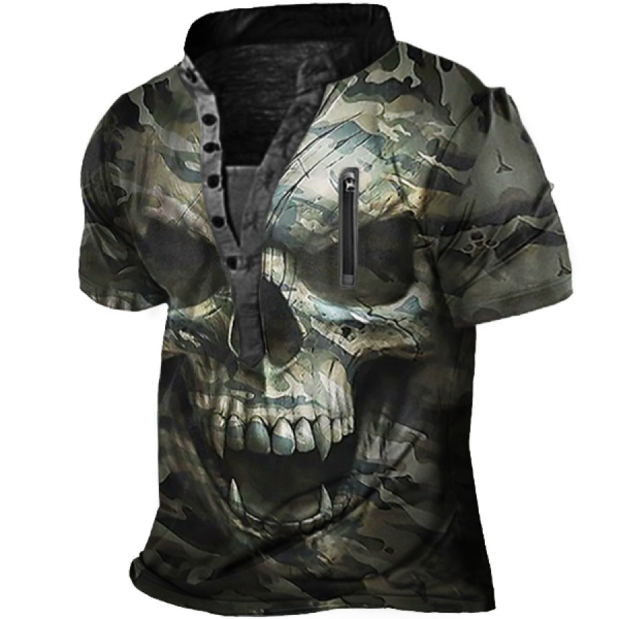 

Men's Outdoor Zip Vintage Camo Skull Print Tactical Heney T-Shirt