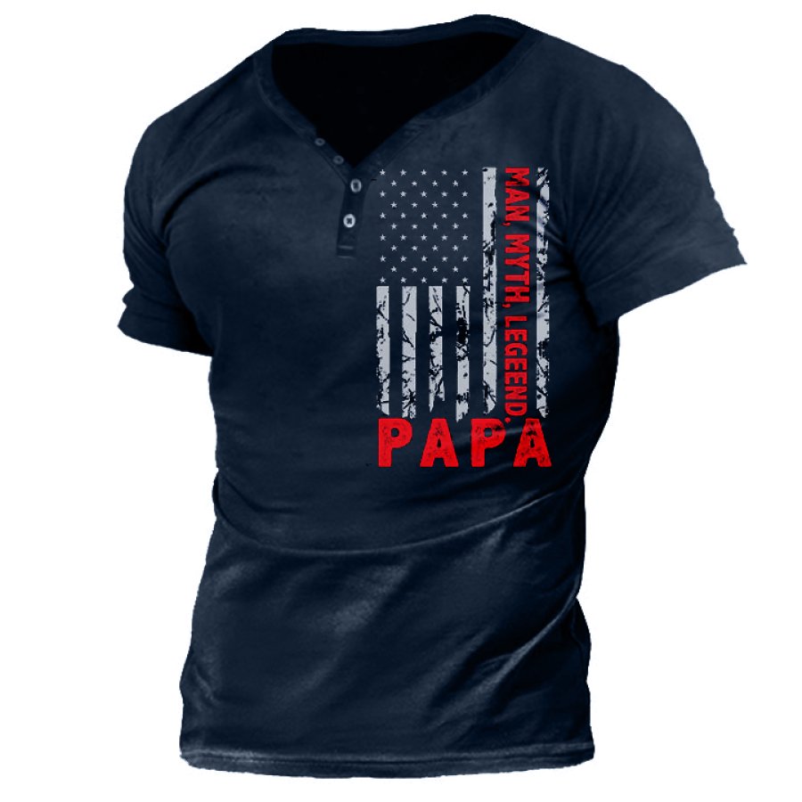 

Man Myth Legend PAPA Men's Flag Henry Collar T-Shirt