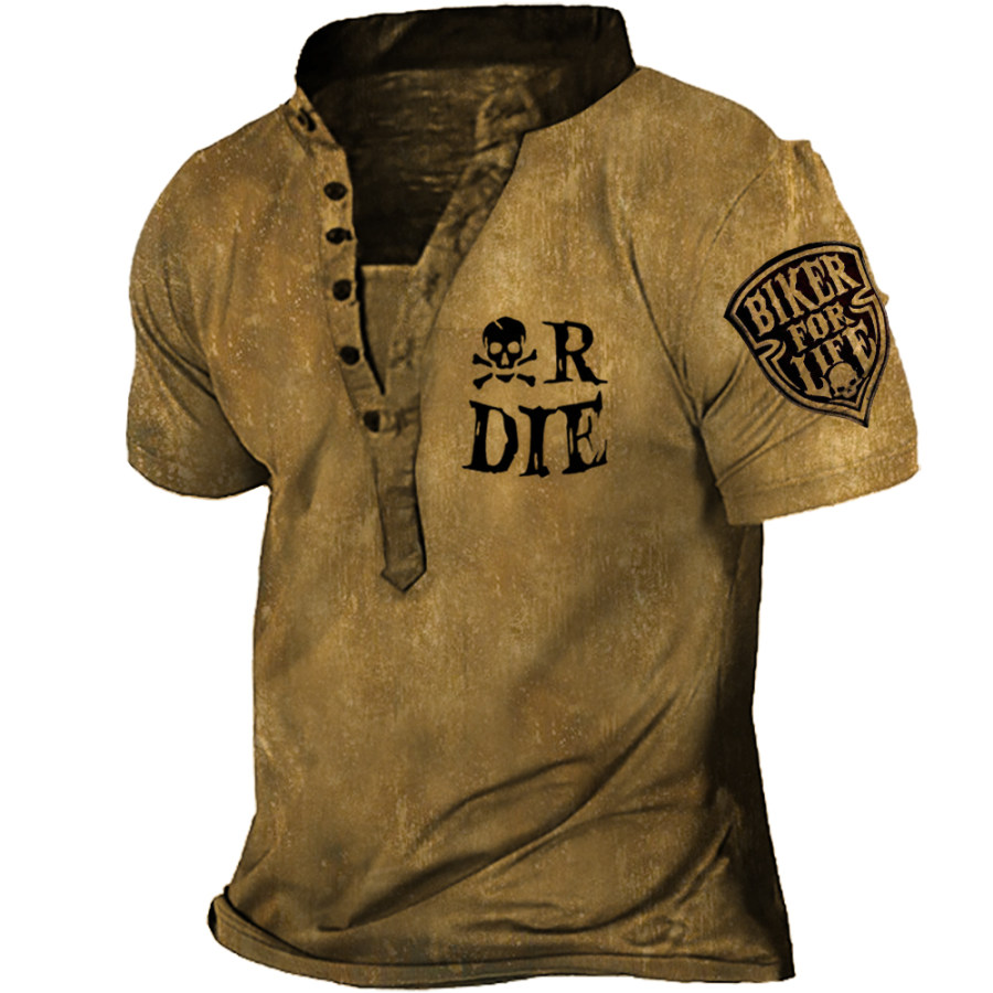 

Biker For Life Men's Vintage Henley Collar T-shirt