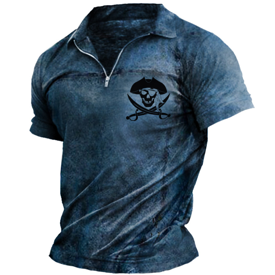 

Men's Outdoor Tactical Distressed Vintage Pirate Print Zip T-Shirt