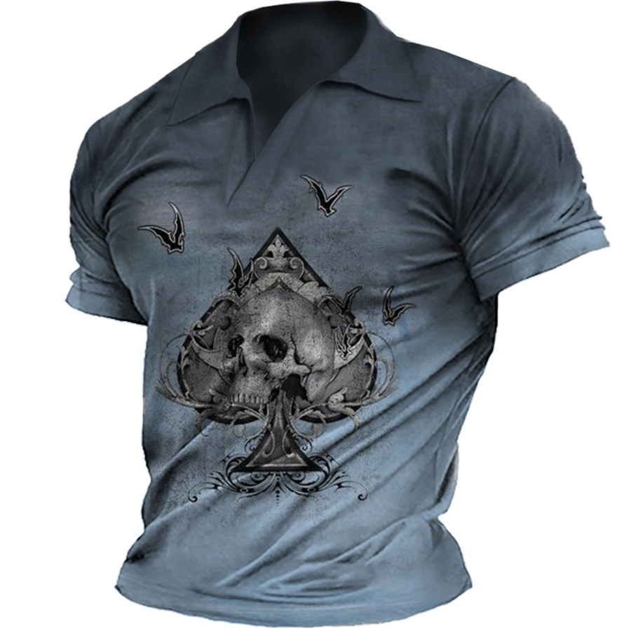 

Men's Vintage Casual Skull Poker Print T-Shirt