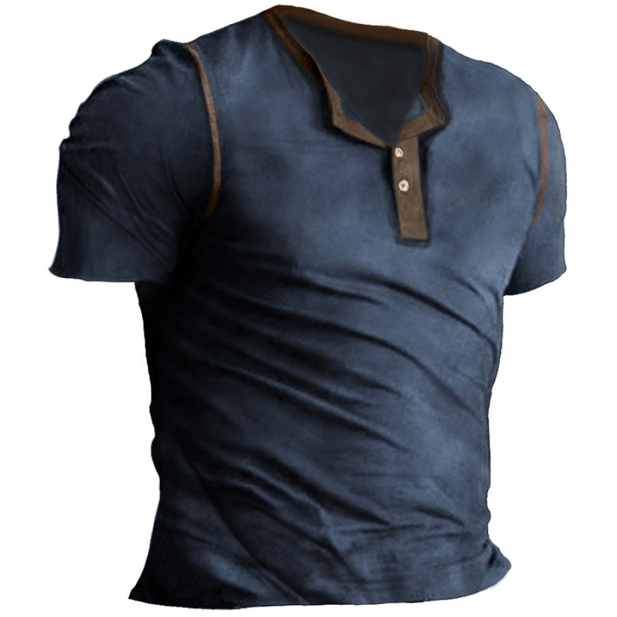 

Men's Vintage Topstitched Colorblock Henley Collar Solid Casual T-Shirt