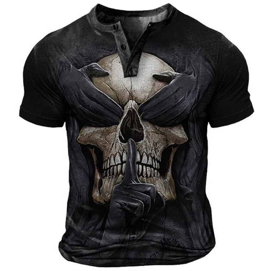 

Men's 3D Skull Print Henley Collar T-Shirt