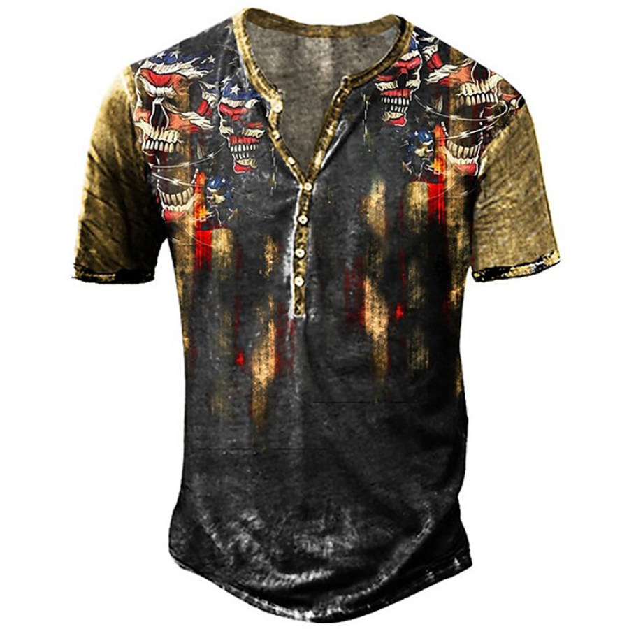 

Men's Flag Skull Print Henley Collar T-Shirt