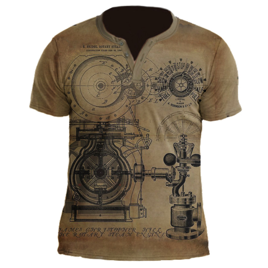 

Men's Vintage Locomotive Dashboard Tool Gear Button V-Neck Graphic Print T-Shirt