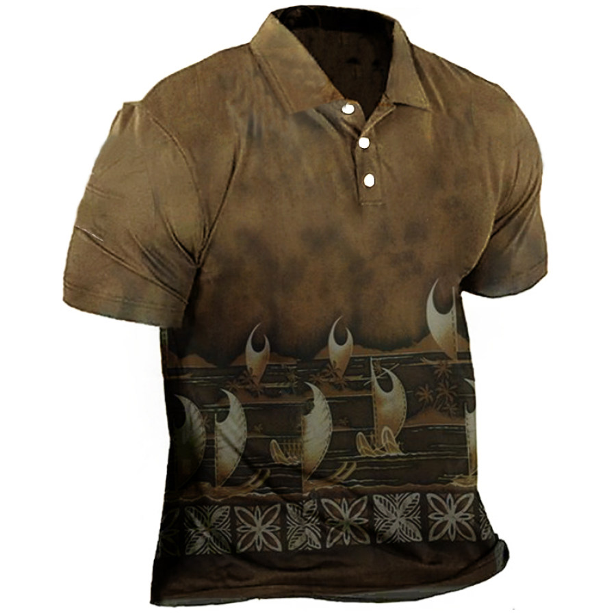 

Men's Vintage Ocean Ship Wave Vacation Print Henley Collar T-Shirt