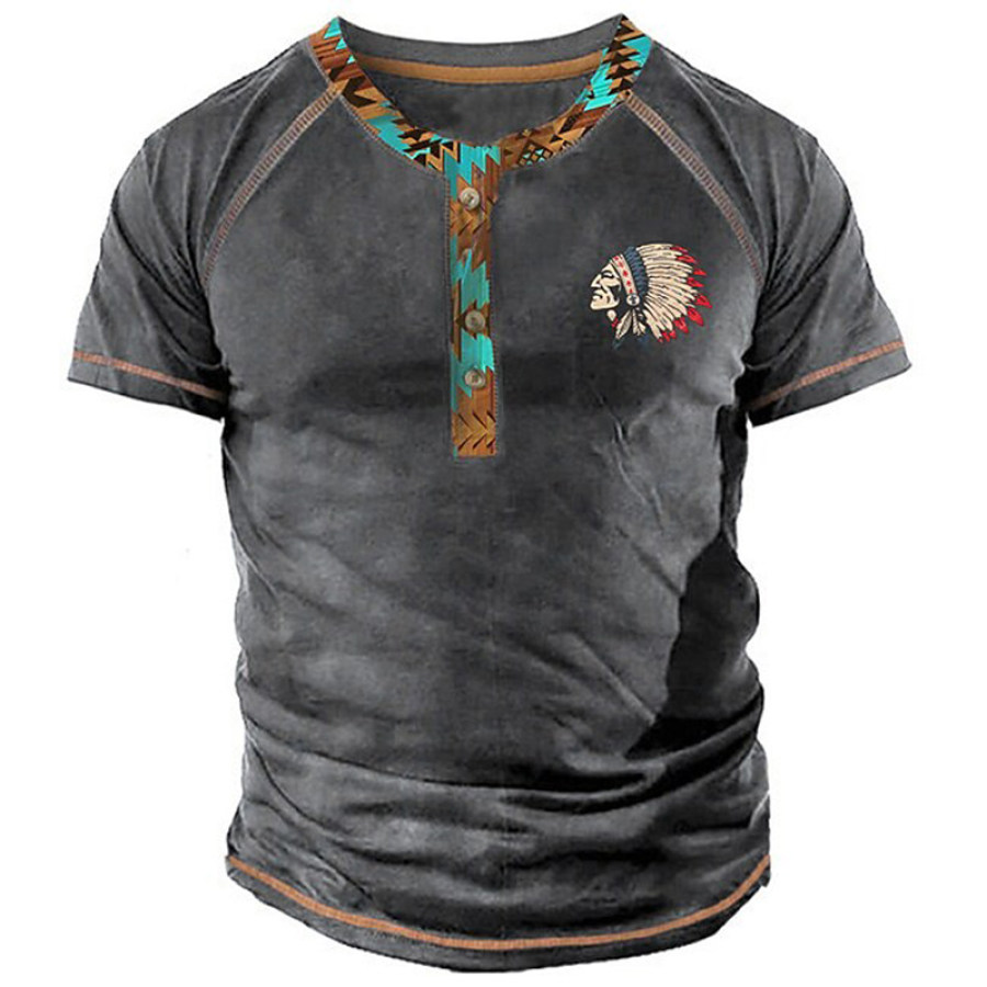 

Men's Indian Head Ethnic Print Henley Collar T-Shirt