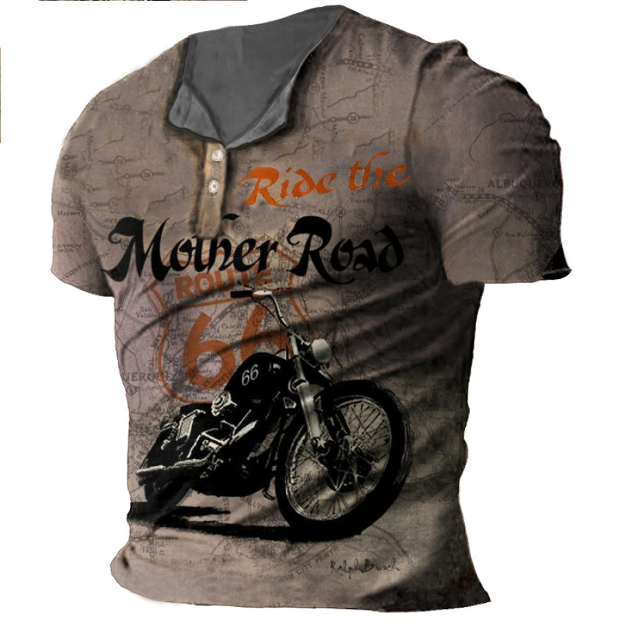 

Ride The Mother Road 66 Men's Outdoor Road Trip Vintage Henley Collar T-Shirt