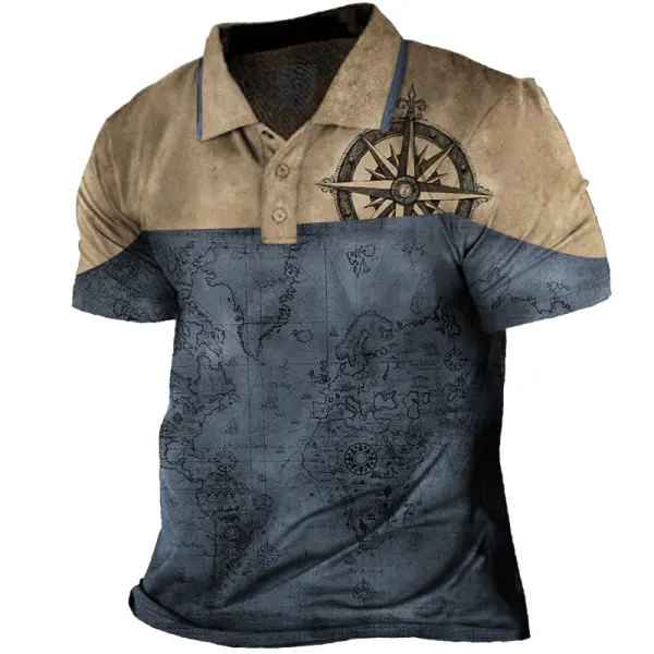 Men's Vintage World Map Compass Print Polo T-Shirt - Kalesafe.com 