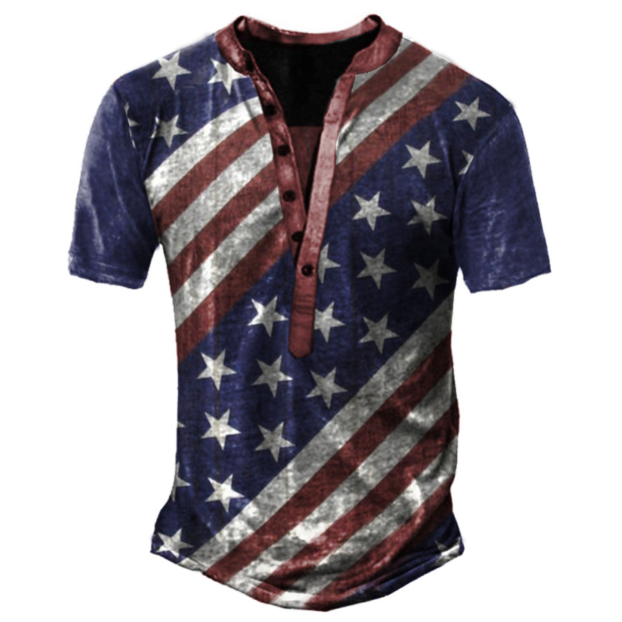 

Men's Vintage American Flag Print Henley Collar T-Shirt