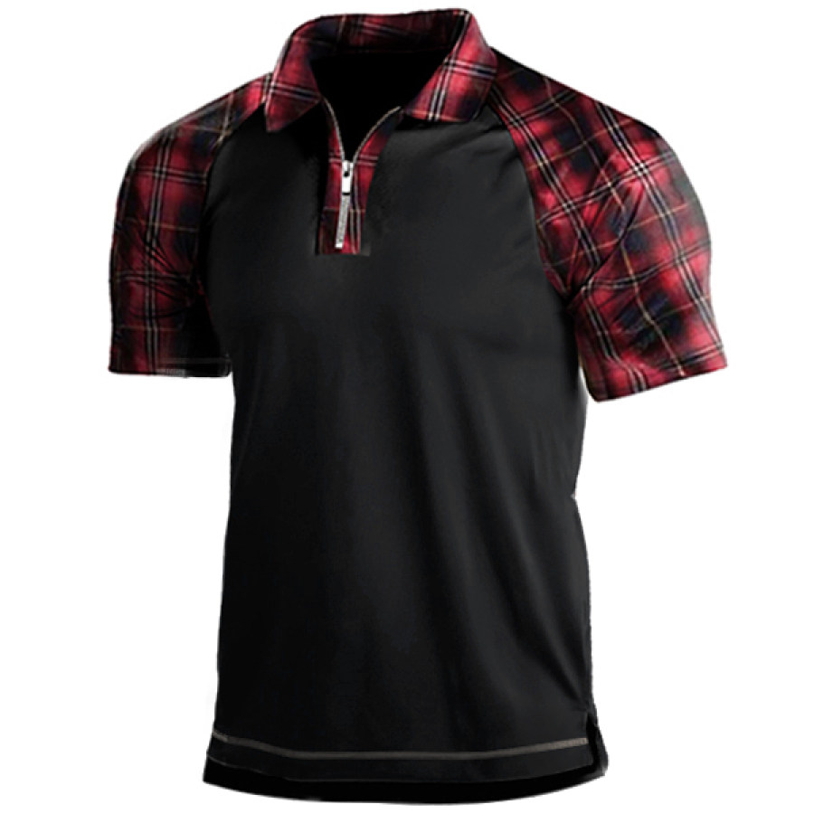 

Men's Classic Plaid Print Panel Zip Polo Shirt