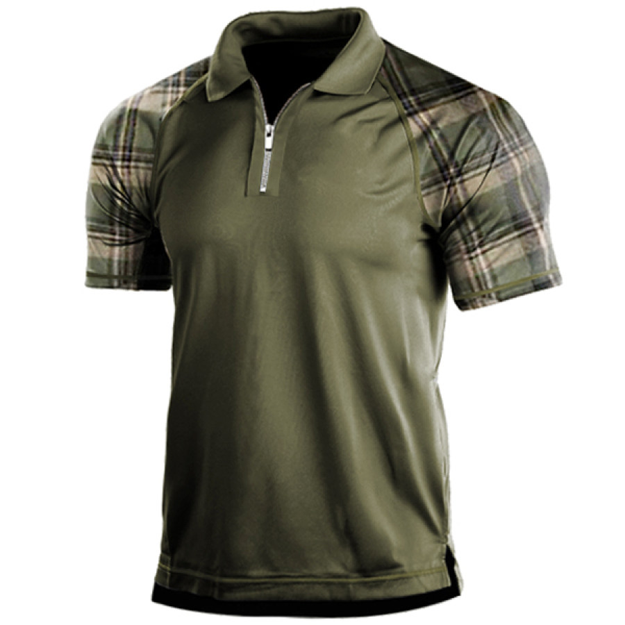 

Men's Classic Plaid Print Panel Zip Polo Shirt