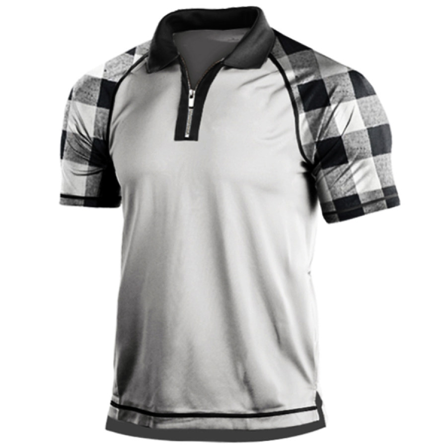 

Men's Classic Plaid Print Panel Zip Polo Shirt