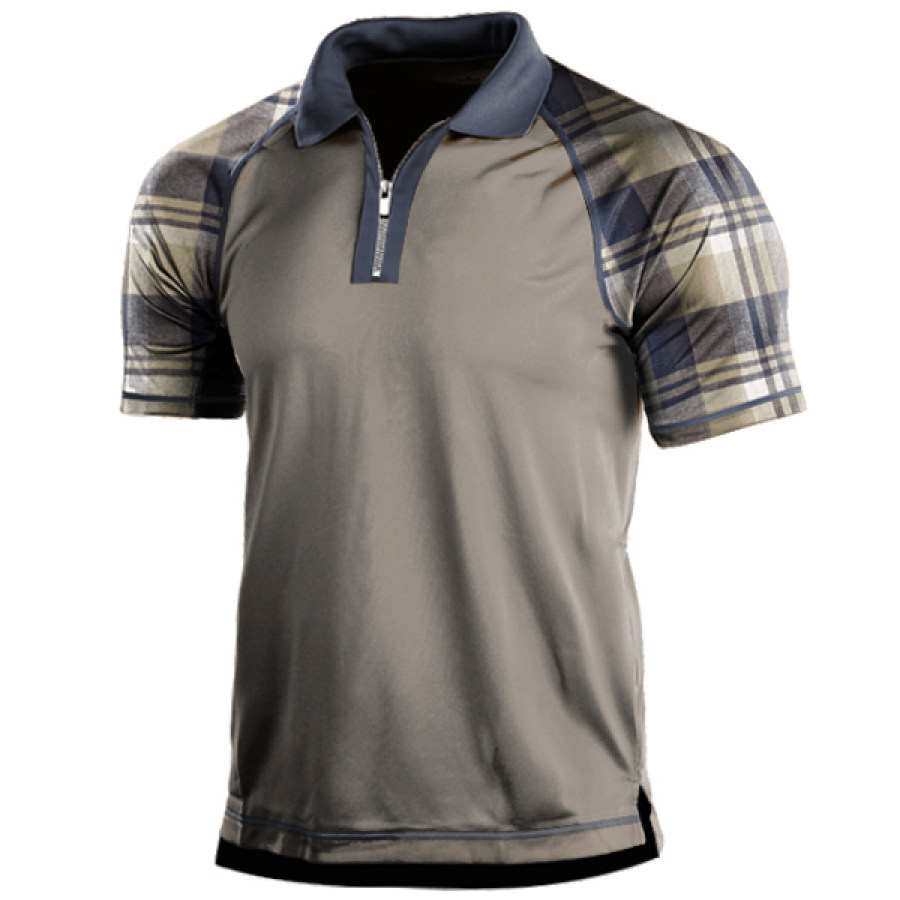 

Men's Classic Plaid Print Panel Zip Polo Shirt