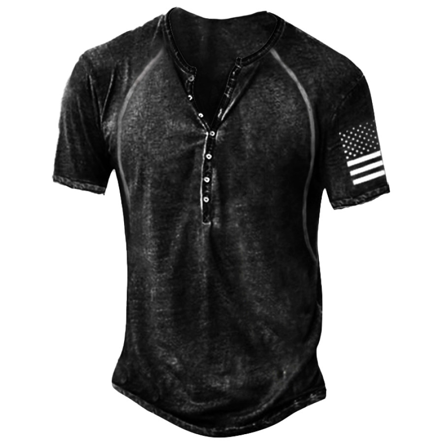 

Men's Outdoor Tactical Flag Print Classic Henley Short Sleeve T-Shirt