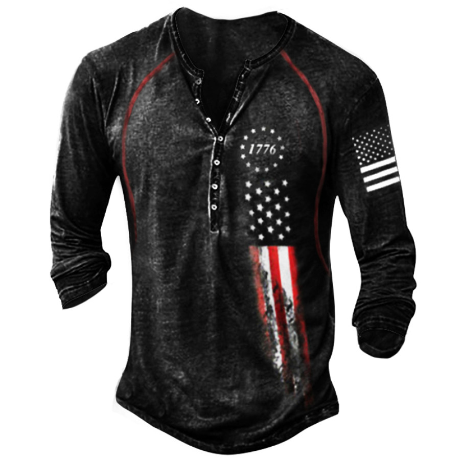 

Men's 1776 Independence Day Flag Print Patriotic Henry Long Sleeve T-Shirt