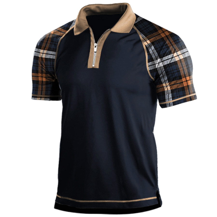 

Men's Classic Plaid Print Panel Zip Polo Shirt