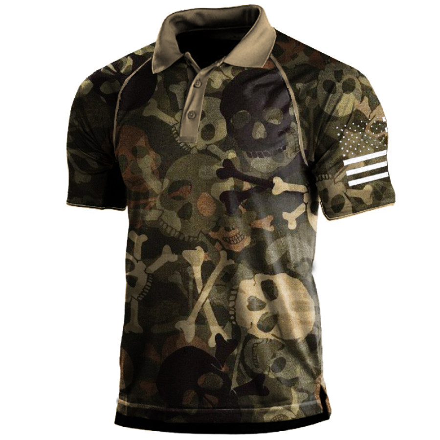 

Men's Skull Pirate American Flag Print Polo Neck T-Shirt