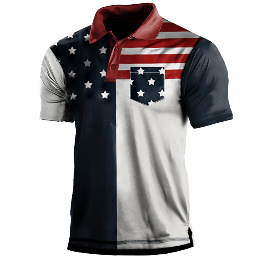 

Men's American Flag Print Casual Pocket Polo T-Shirt