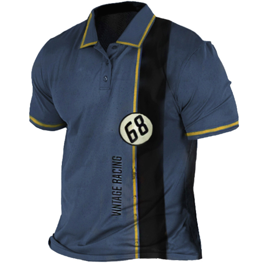 

Men's Vintage Racing Stripe Print Polo Neck T-Shirt