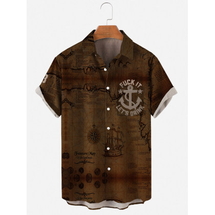 Mens Abstract Map Print Lapel Pocket Shirt