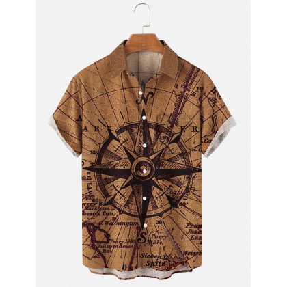 Mens Abstract Map Compass Print Lapel Pocket Shirt