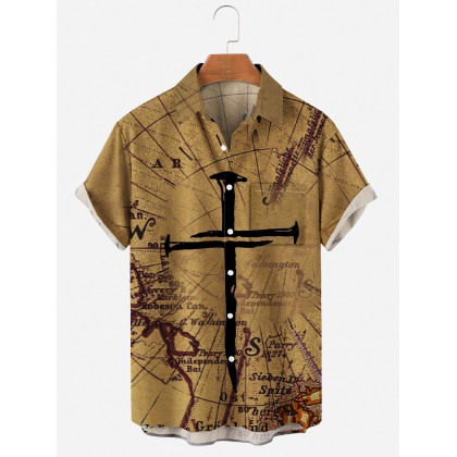 Mens Map Abstract Print Lapel Pocket Shirt
