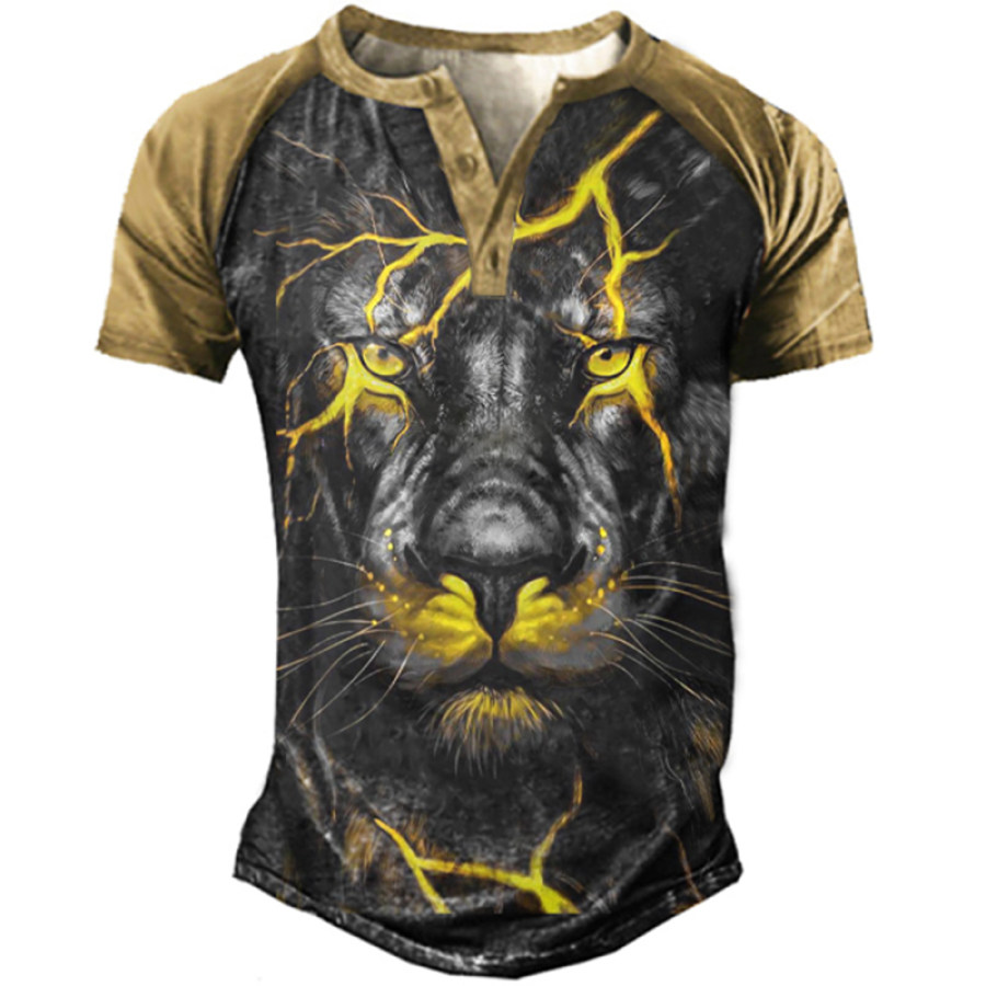 

Men's Patchwork Vintage Lion Totem Faith Print Henley Collar T-Shirt