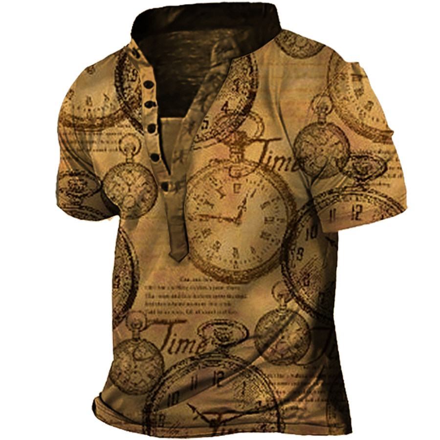 

Men's Vintage Timeline Compass Print Henley Collar T-Shirt