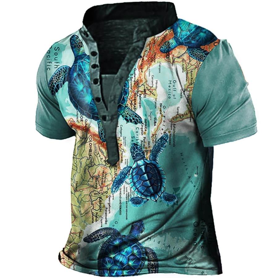 

Men's Hawaii Turtle Map Print Henley T-Shirt