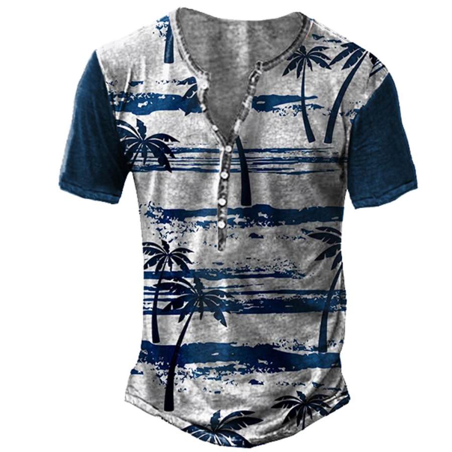 

Men's Hawaiian Coconut Tree Print Henley T-Shirt