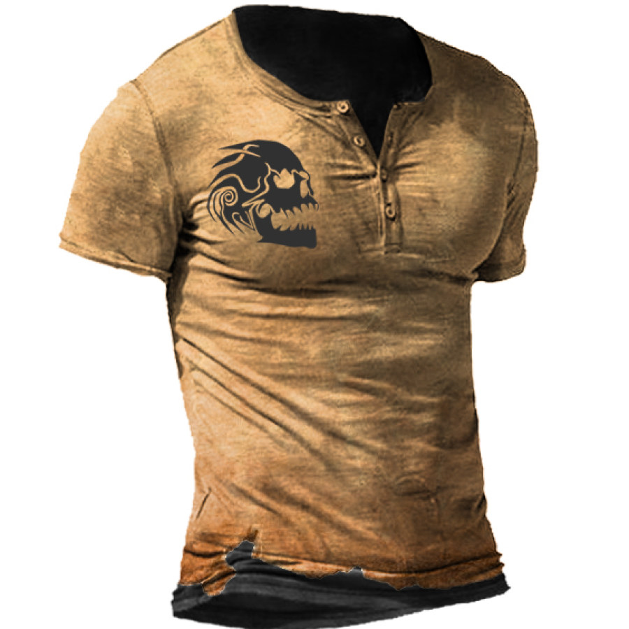 

Vintage Skull Print Men's Henley Short Sleeve T-Shirt